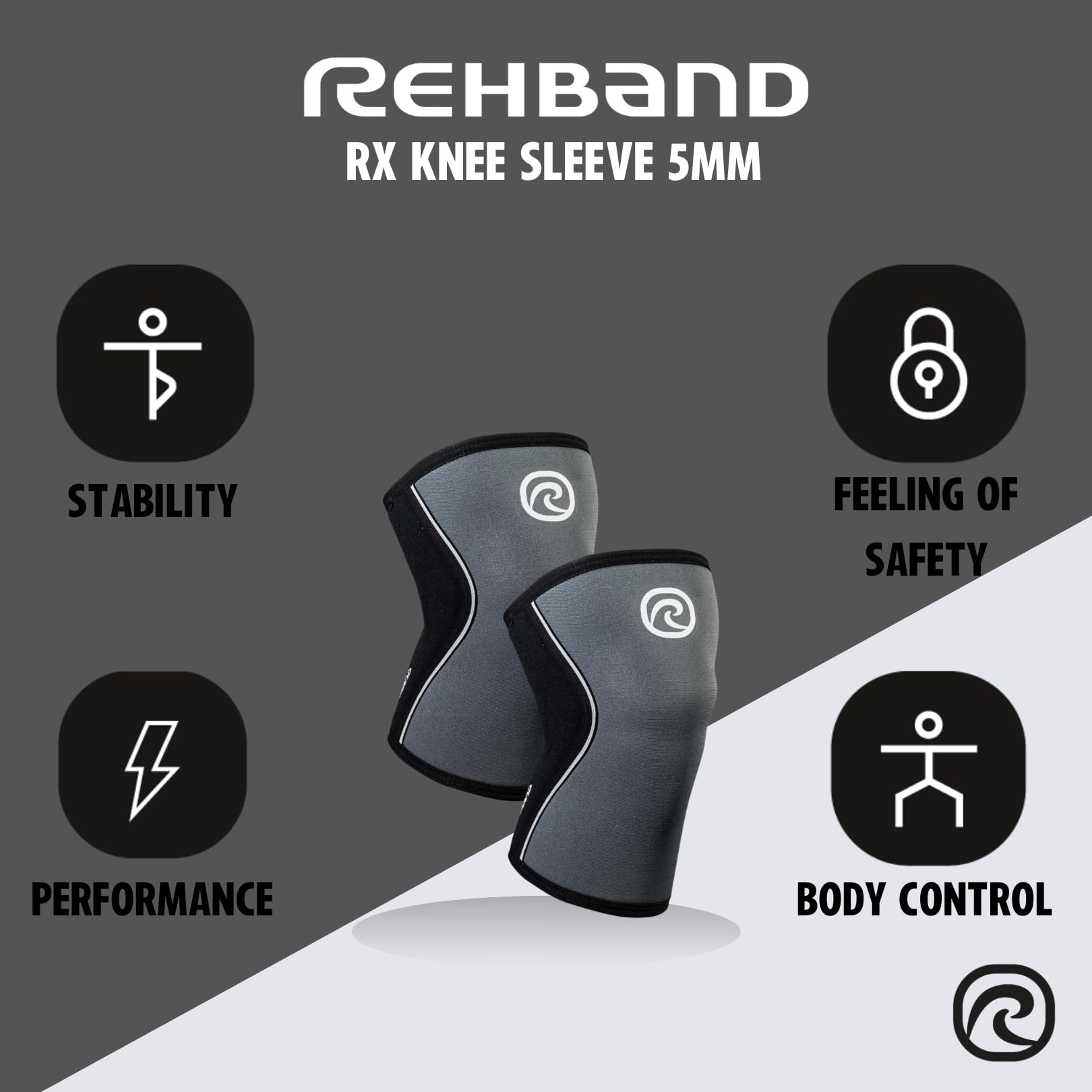 Rehband 5mm Benda per ginocchio Powersport, fascia per ginocchio per Cross Fit e allenamento pesante in neoprene, stabilizza le ginocchia