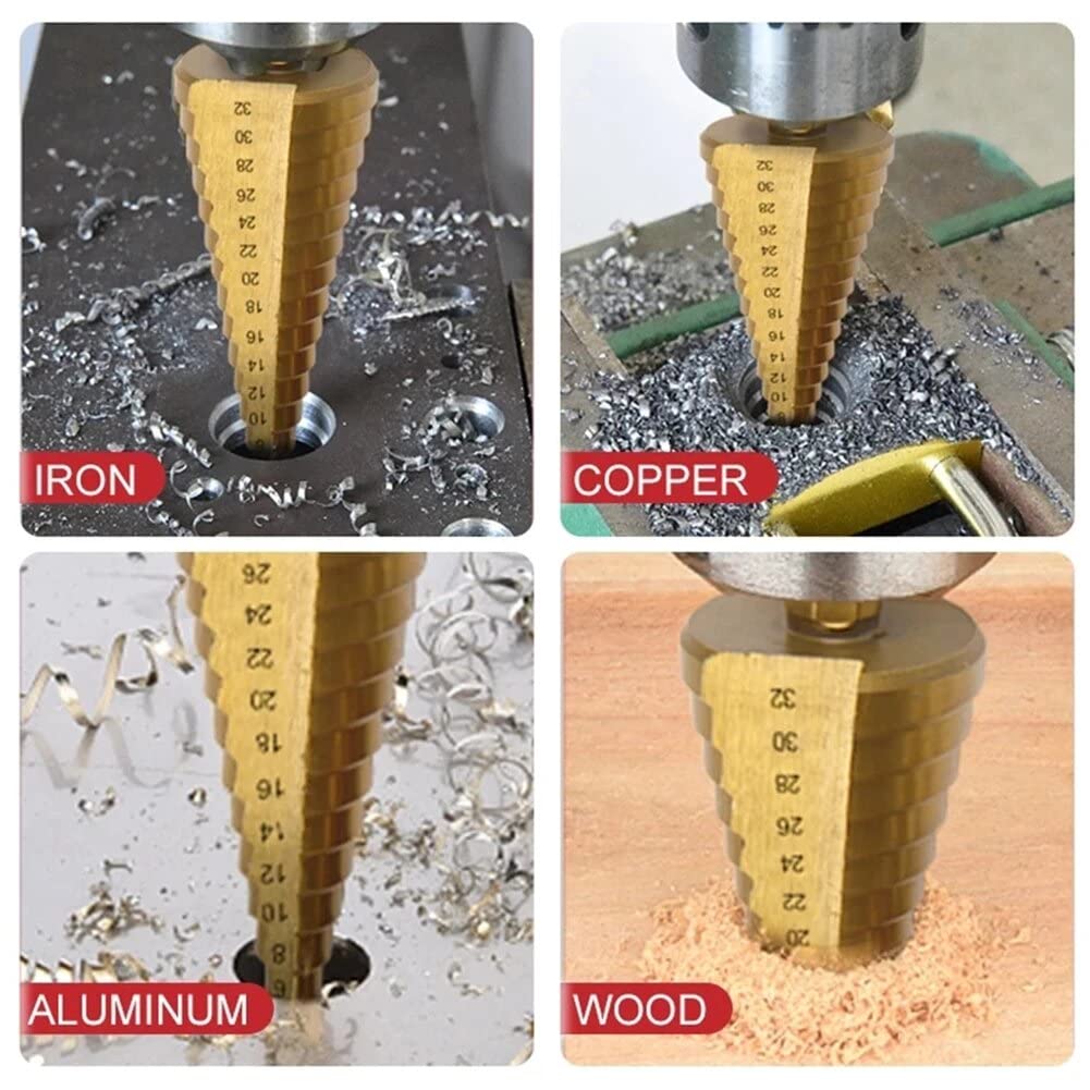 VIDOO Juego de 6 Brocas Escalonadas y Sierra Recubrimiento Titanio 4-32mm Madera