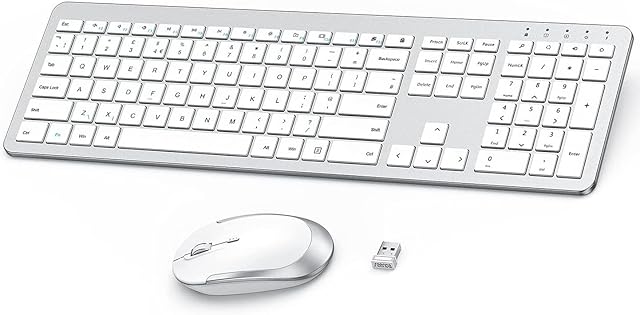 Rechargeable Wireless Keyboard and Mouse, Full Size Wireless Mouse and Keyboard Sets with Build-in Lithium Battery Ultra Thin Quiet Keyboard Mice - Silver and White