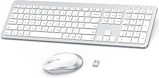 Rechargeable Wireless Keyboard and Mouse, Full Size Wireless Mouse and Keyboard Sets with Build-in Lithium Battery Ultra Thin Quiet Keyboard Mice - Silver and White