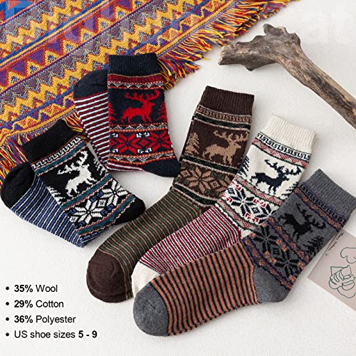 Image of IIG 5 Pairs Women's Vintage Style Thick Wool Warm Winter Crew Socks