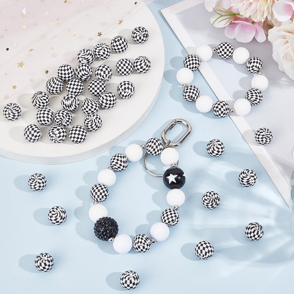 SUNNYCLUE 45Pcs Silicone Round Beads Ball Bead Rubber Checkered Print Black and White Pattern Classic Plaid Focal Spacer Sphere Bead for Crafts Christmas DIY Jewelry Bracelet Keychain Necklace Making