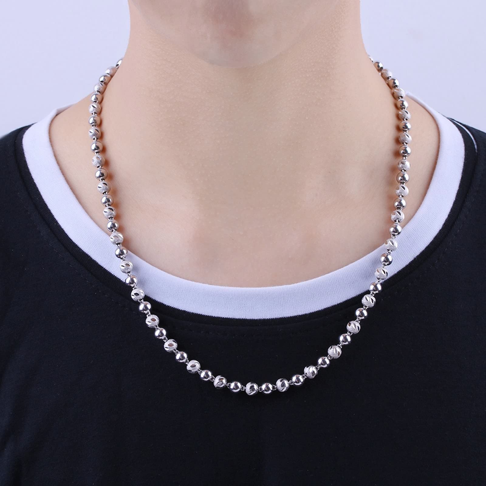 Halskette Damen Lang 45-55cm, Versilbert Kugelkette Kette Edelstahl Lang Breit 4/5/ 6MM, Freundschaftsketten Jungs Hip Hop für Frauen
