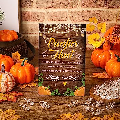 Image of Thyle 51 Pcs Fall Pumpkin Baby Shower Games a Little Pumpkin Is on The Way Thanksgiving Pacifier Hunt Include Hunt Sign and 50 Acrylic Pacifiers for Baby Shower Gender Reveal Autumn Theme Decoration