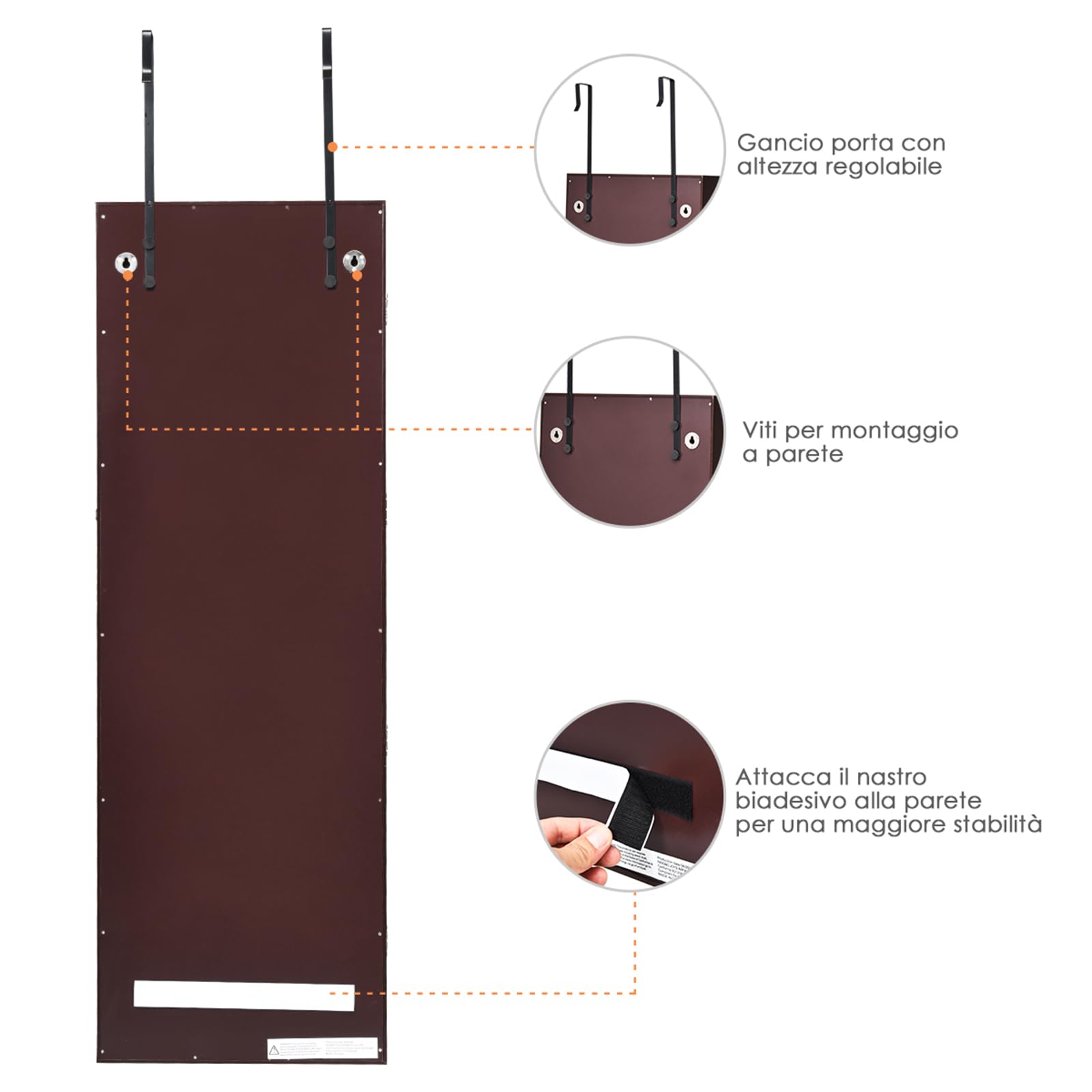 COSTWAY Armadio per Gioielli con 2 luci LED, con Specchio a Figura, Organizer Montato al Muro con Ganci Regolabili per Appendere, Armadio Portagioie per Truccarsi (Marrone)