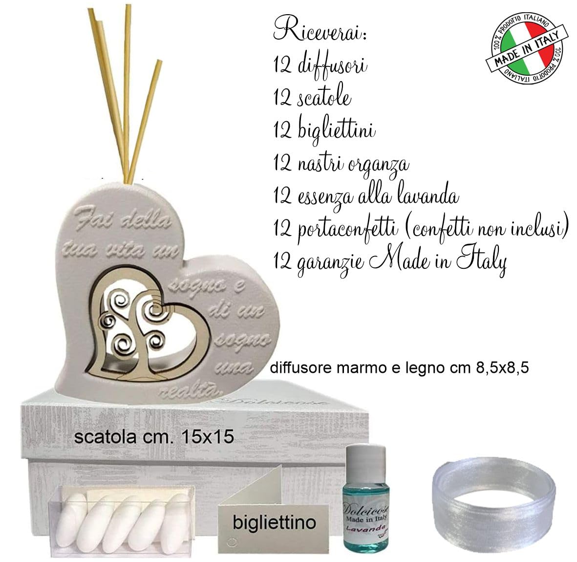 Regalami.shop 12 bomboniere profumatore in marmo di carrara e legno naturale con scatola, nasctro, bigliettino, portaconfetti ed essenza alla lavanda (set 12)