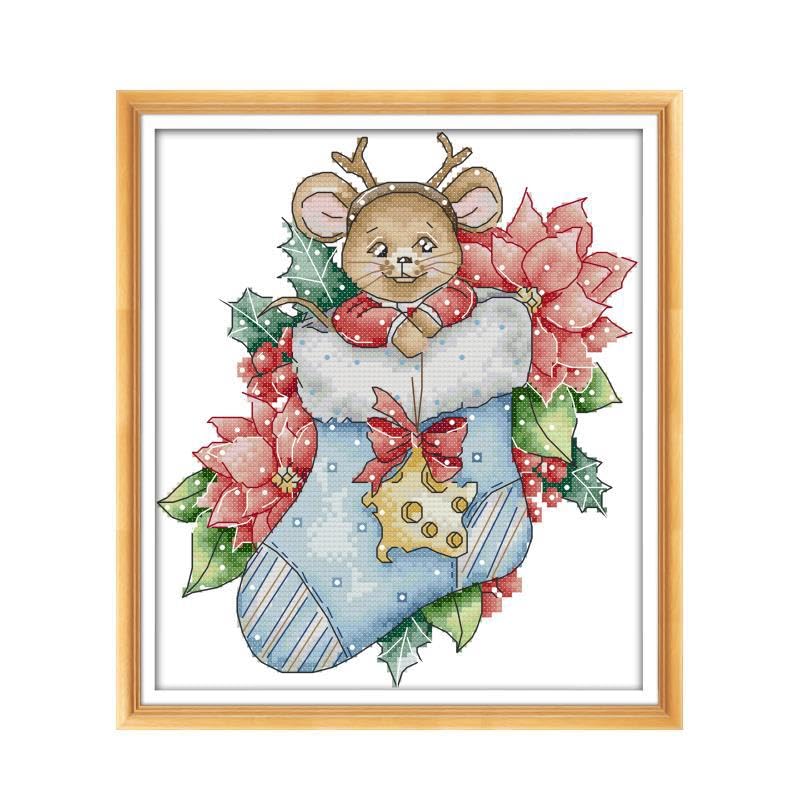 Zleiubisa Mouse Christmas Stocking DIY Cross Stitch Art Craft 29x35cm Fabric with Accessories, 11ct Pre Printed Stamped Embroidery Kits for Adults Beginners (Mouse Christmas Stocking) โ image 1