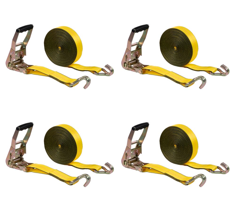 Mytee Product - Paquete de 4 correas de trinquete amarillas de 2 pulgadas x 40 pies con ganchos en J, resistencia a la rotura de 10 libras, correas de amarre resistentes para camiones de carga con
