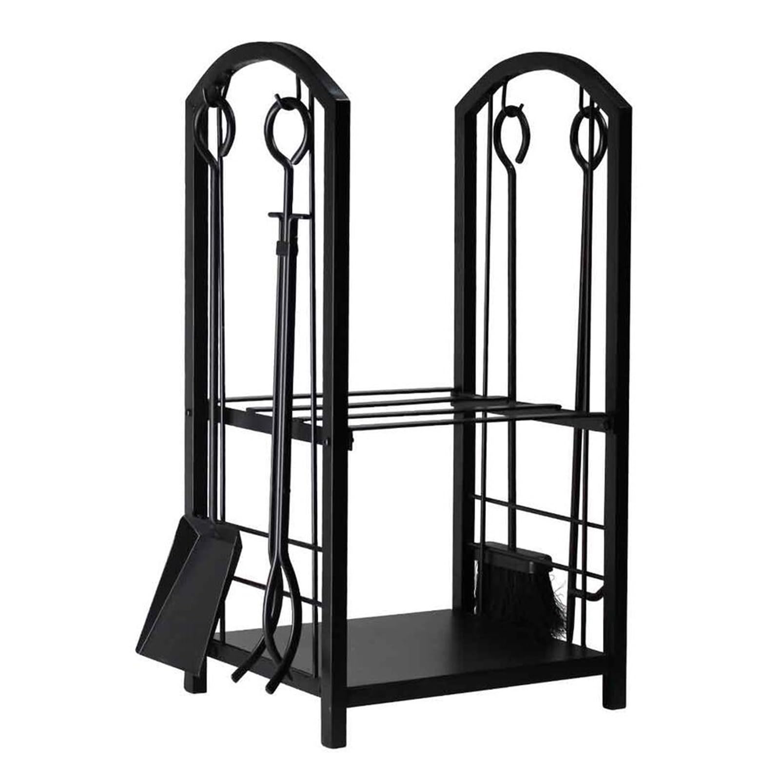 Set di Attrezzi per Camino, Porta-Legna in Ferro battuto con 4 Attrezzi Essenziali, Include attizzatoio, Pinza, Spazzola e Pala, Perfetto per riporre la Legna all'Interno e all'Esterno.