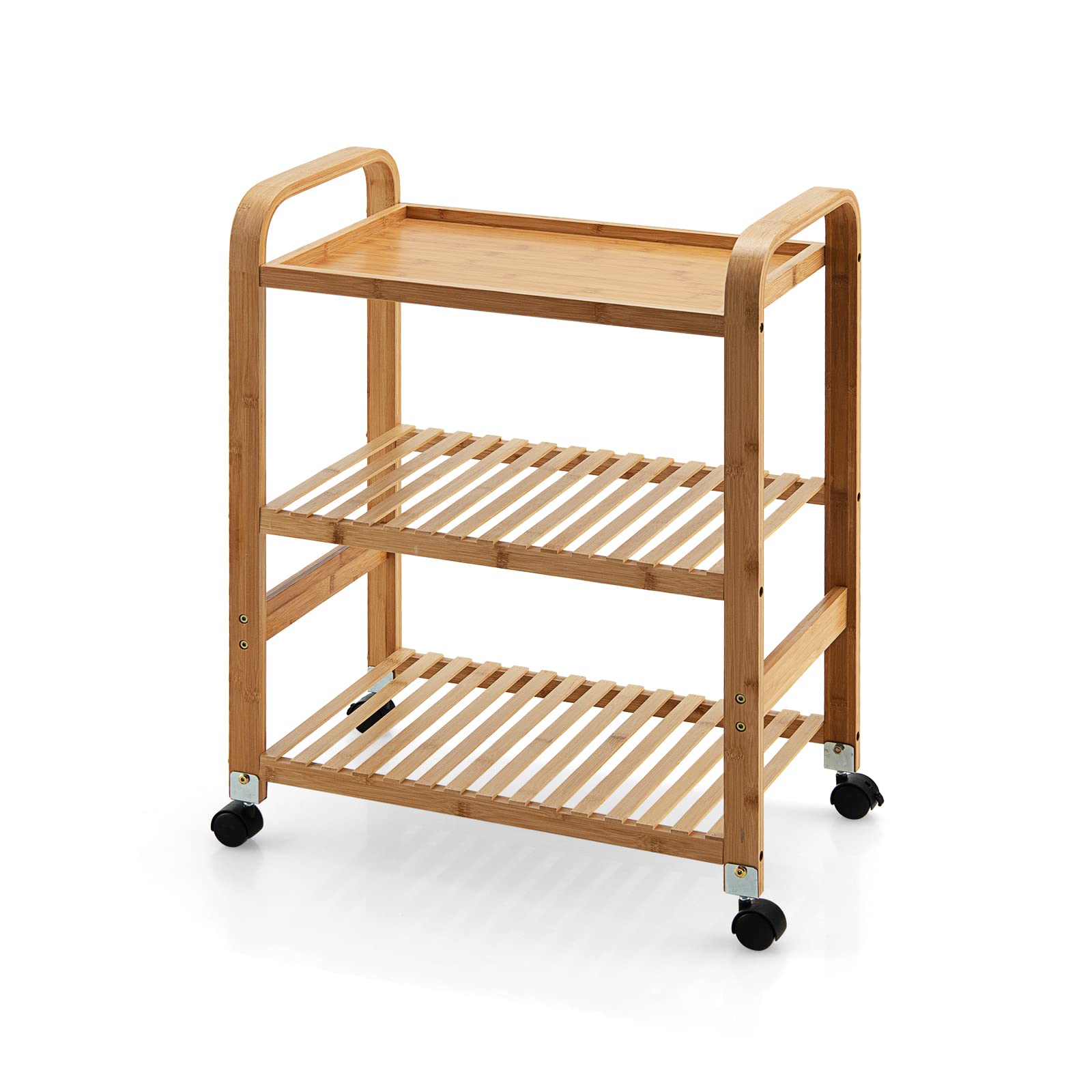 Giantex Carro de Servicio de Bambú, Carrito de Cocina con Ruedas Giratorias, Carrito Auxiliar de Almacenamiento con 3 Estantes, con Asas, Ruedas Extraíbles, para Cocina, Comedor, Salón