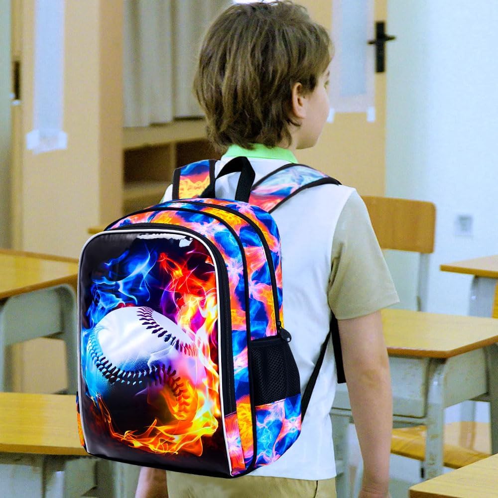 UFNDC 3PCS Boys Baseball Backpack, Kids Fire School Bag with Lunch Box, 17" Water Resistant Bookbag for Teenagers Elementary Middle - Image 2
