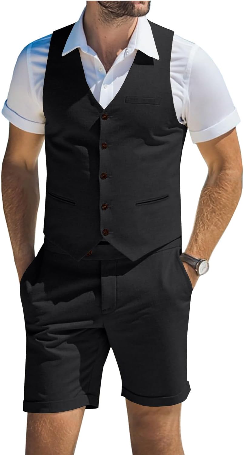 Men's Suit Linen 2 Piece Vests Short Pants Suits for Men Casual Summer Beach Groomsmen Wedding Waistcoat Set Outfit