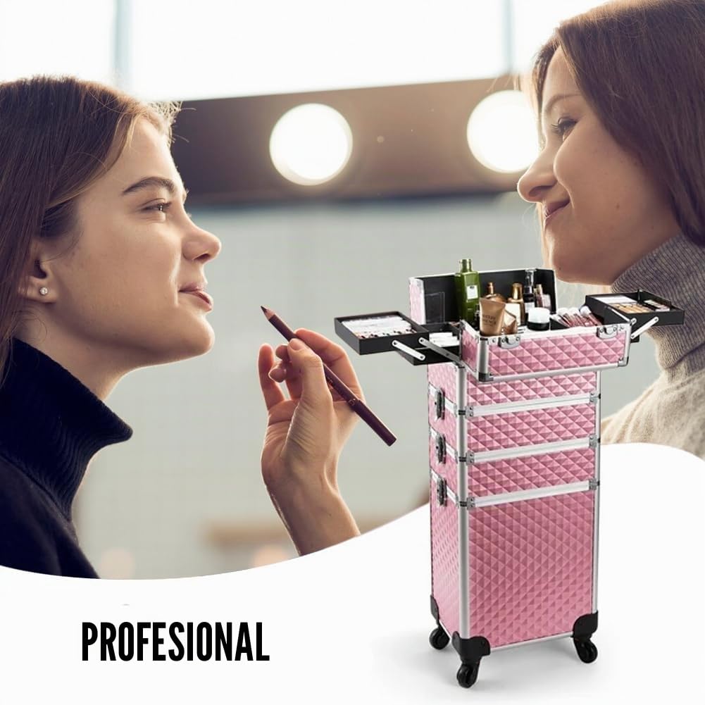 BAKAJI Trolley Make Up 4 en 1 Profesional con Trama Oleográfica Triangular, Neceser Estetista Portátil, Maleta Porta Maquillaje con Ruedas Desmontables, Maletín Organizador Maquillaje Viaje