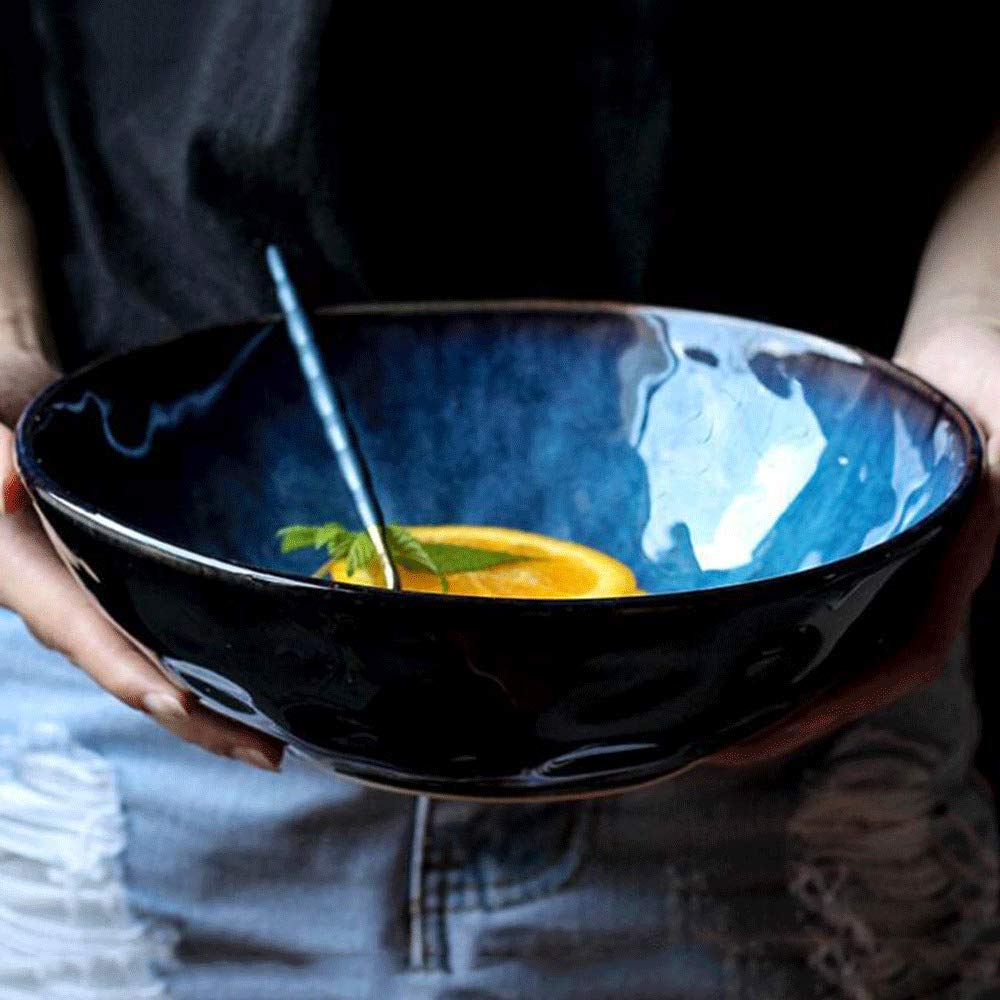 9 Pulgadas Vajilla De Cerámica Retro, Creative Ramen Bowl Tazón De Sopa Grande Ensaladera De Frutas Estilo Japones Tazón De Servir, Azul