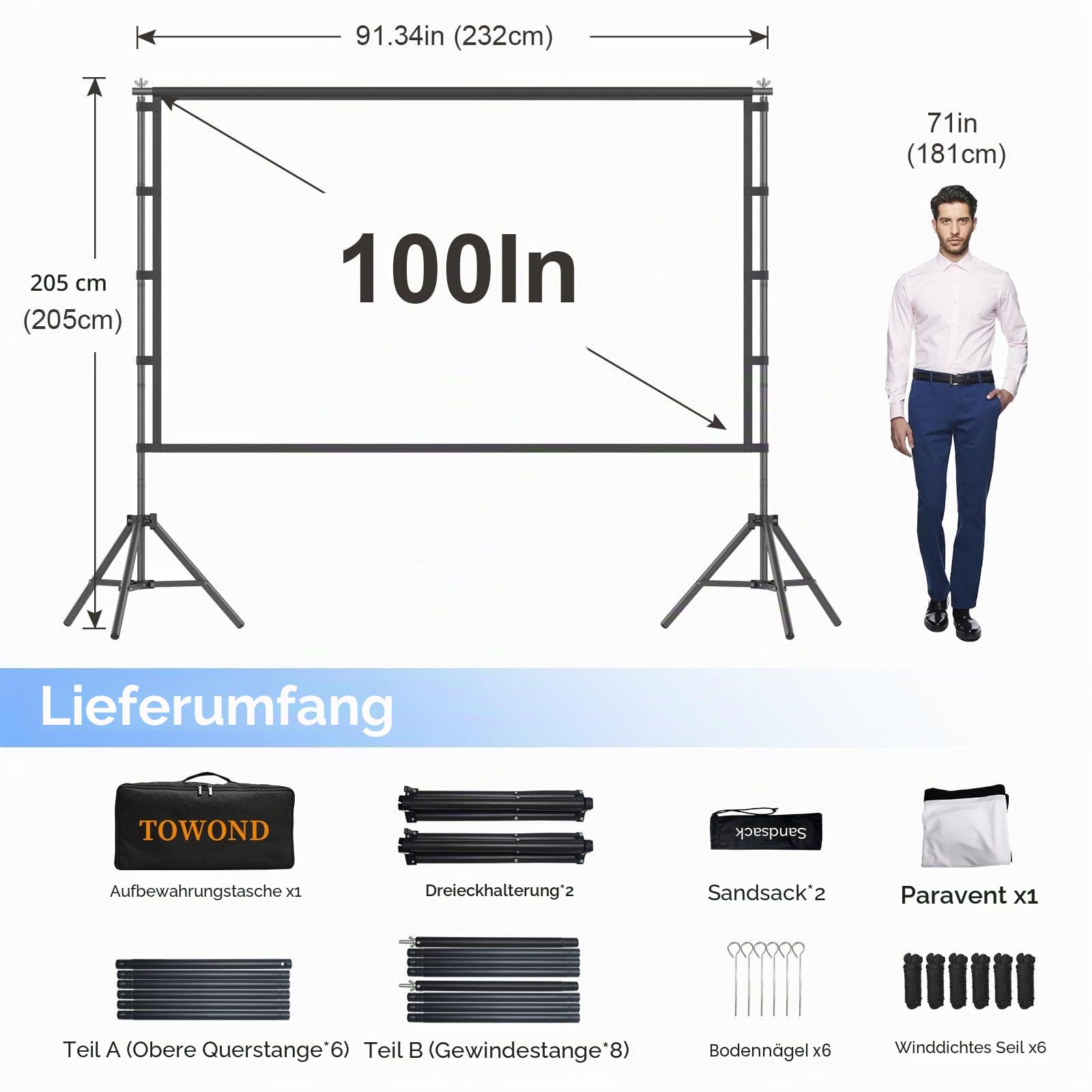 TOWOND Projektor-Leinwand, 100 Zoll (254 cm), tragbare Projektor-Leinwand und Ständer, Outdoor-Projektionsleinwand, 16:9, 4K-HD-Filmleinwand mit Tragetasche für Heimkino und Hinterhofkinoabende