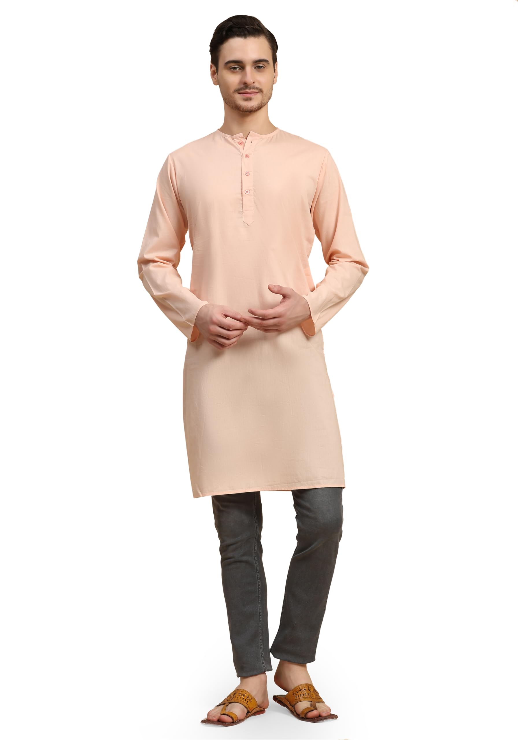 SKAVIJ Kurta for Men Cotton Long Indian Shirt Pink_S