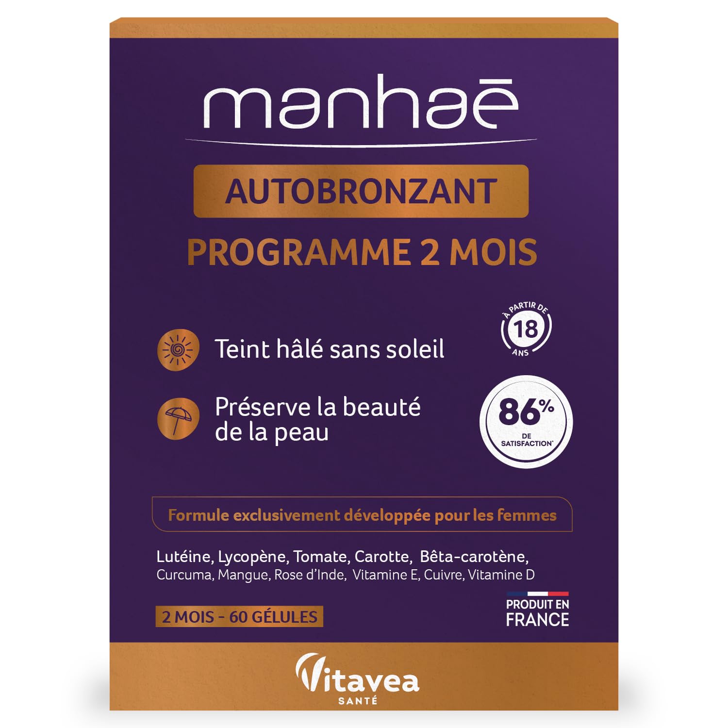 Vitavea - Manhaé - Autobronzant - Complément alimentaire autobronzant - Teint hâlé sans soleil - Préserve la beauté de la peau - 60 gélules - 2 mois - Fabriqué en France