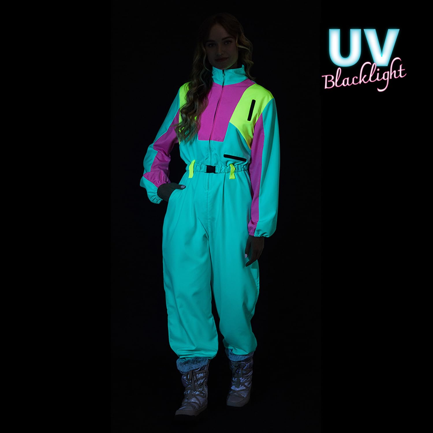 Boland – Combinaison de ski rétro, brille sous la lumière noire, costume des années 80 pour femmes, tenue pour après-ski, costume pour carnaval