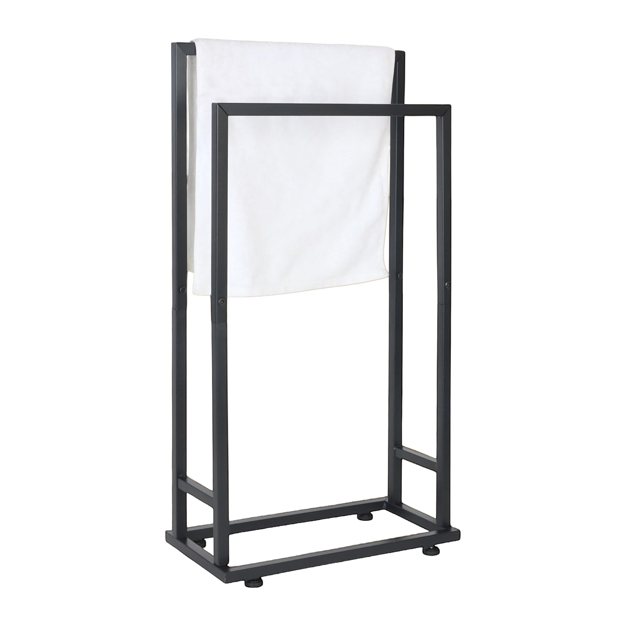 Relaxdays towel holder, HxWxD: 77 x 41 x 21 cm, metal, 2 rods, freestanding, bathroom, black