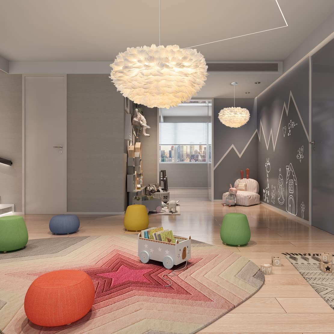 KCO Lighting Nordic Feather Pendant Light 23.6" Feather Hanging Light Fixture Romantic Feathers Ceiling Lamp for Girls Room Living Room Bedroom Decoration (60cm/23.6'')