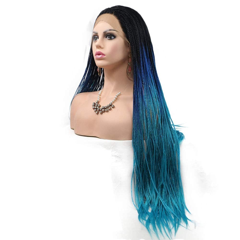 Braided Wigs for Black Women Ombre Blue Lace Front Wig Box Braided Lace Frontal Wigs Natural Hairline Synthetic Wigs Handmade Micro Braids Free Part Glueless Hair Replacement Wigs Cosplay Daily