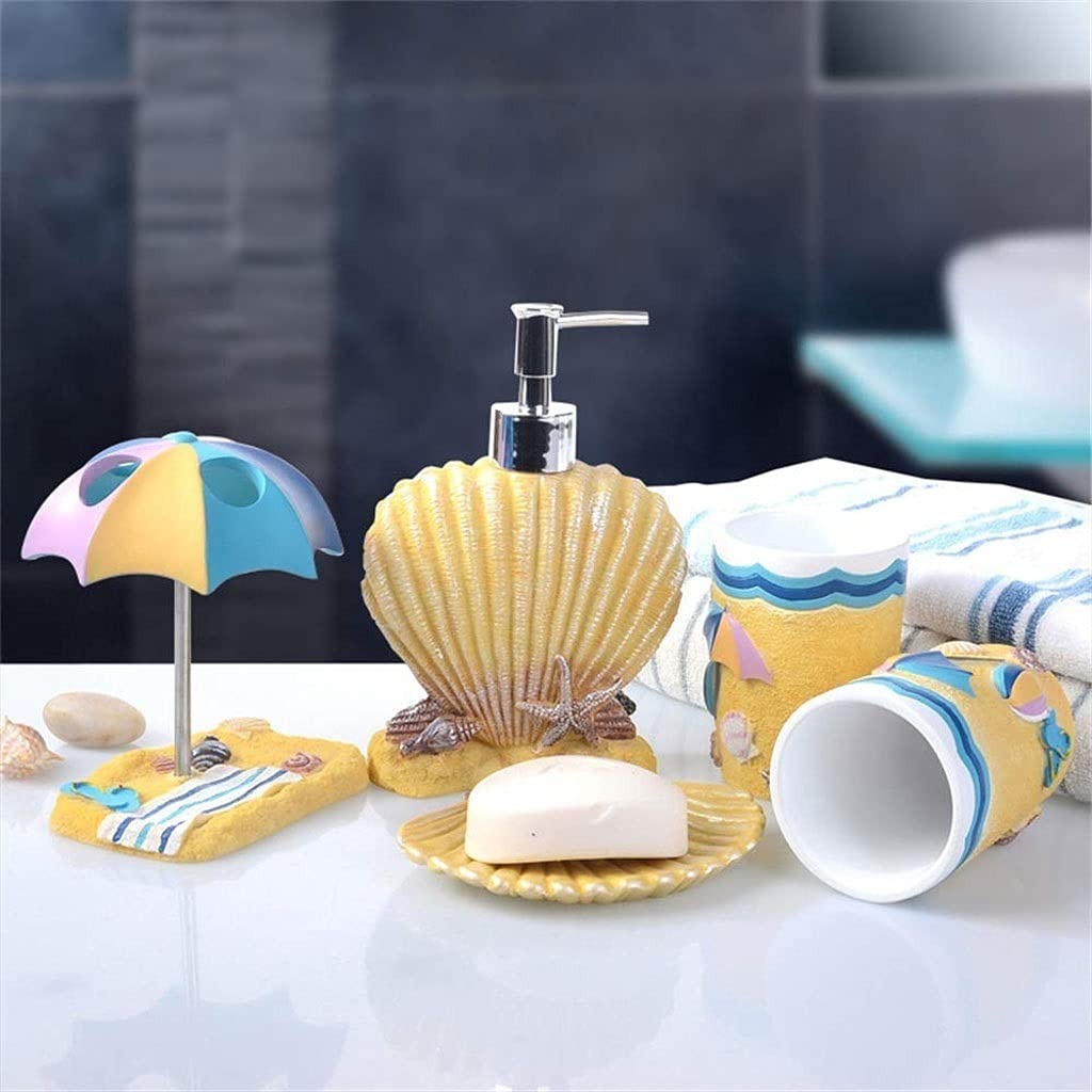 Ensemble d'accessoires de salle de bain 5 ensembles cadeau de salle de bain style plage en résine tendance, savon de salle de bain, brosse à dents, anti-gobelet (couleur : A)