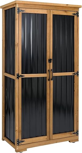 Miniatura 10 de Armario de almacenamiento para exteriores, pequeño gabinete de almacenamiento de herramientas de jardín de madera y metal con techo de asfalto