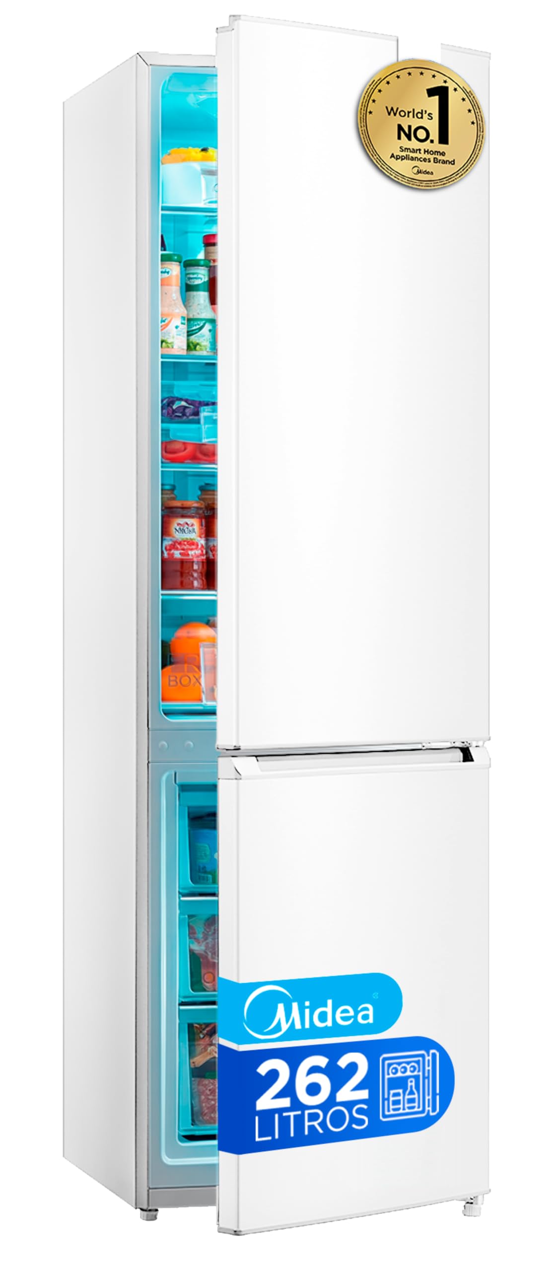 Midea White Combi Fridge 262 L | 55 cm x 177 cm | Combi Fridge with 65L Freezer and Low Frost Technology - Independent Low Consumption Refrigerator, Reversible Doors, Silent 39 dB