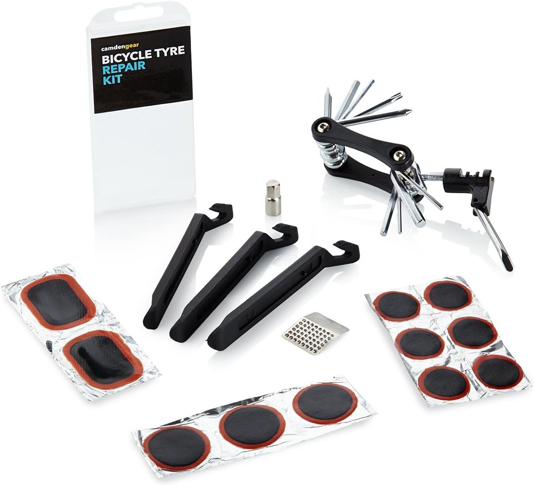 Camden Gear Bike Repair Set, Bicycle Multi Function 16 in 1 and 14 in 1 Tool Kit Chain Splitter Hex Key Wrench Tire Patch Lever (No Glue Included)
