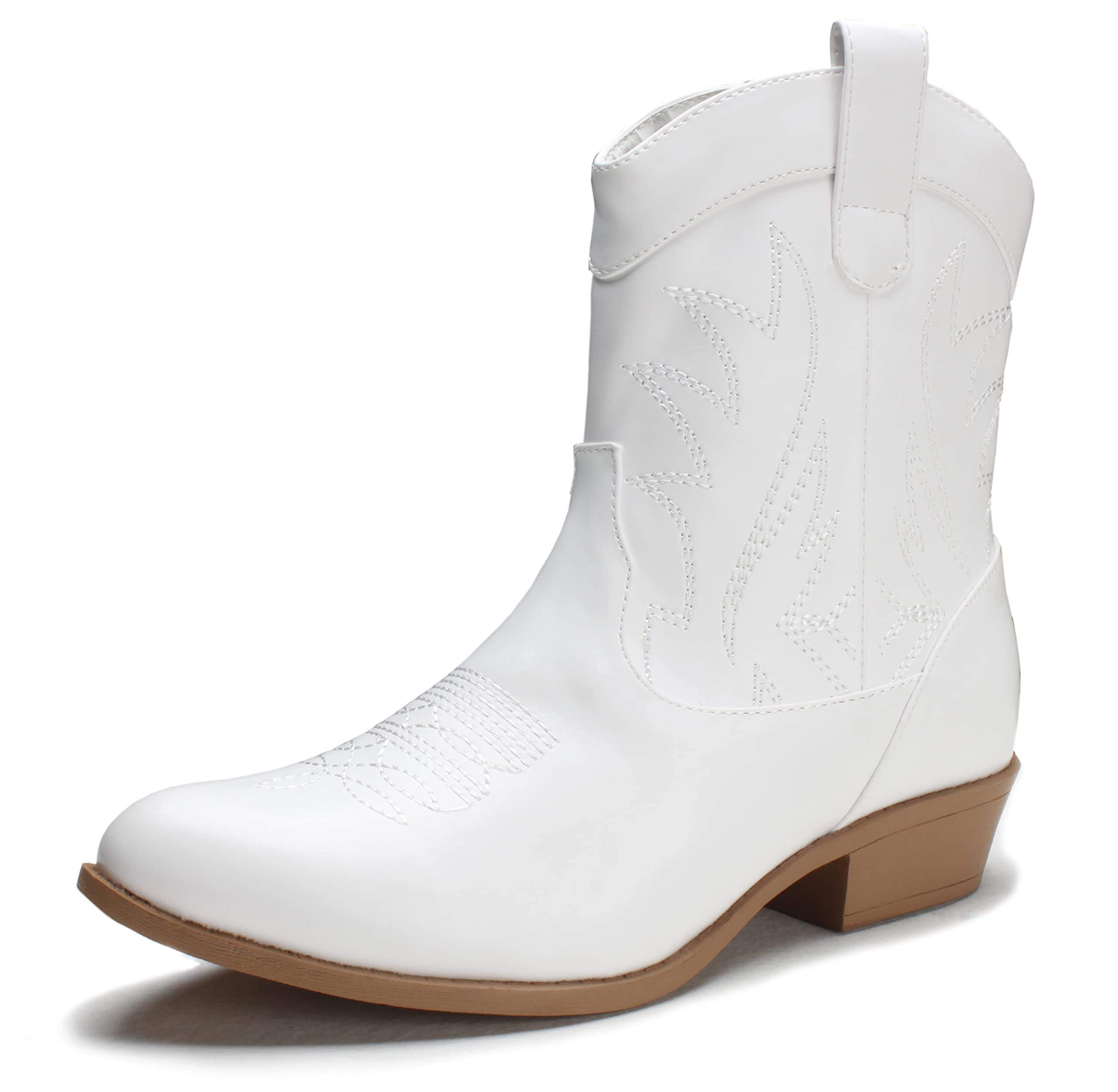 PEPPEP Western Cowgirl Cowboy Ankle Boots for Women or Ladies, Mid Calf, Vegan Leather Embroidered Upper, Low Heel, Fashionable Pointed-toe, Well Made