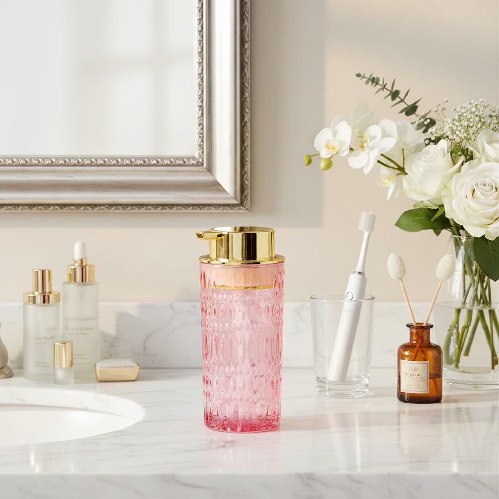 Schaumseifenspender, schäumender Handseifenspender aus Glas mit Pumpe, 400 ml, Badezimmer, nachfüllbar, Flüssiglotion, Pumpflasche, Behälter für Küche, Arbeitsplatte, Dekor (1, Roségold)