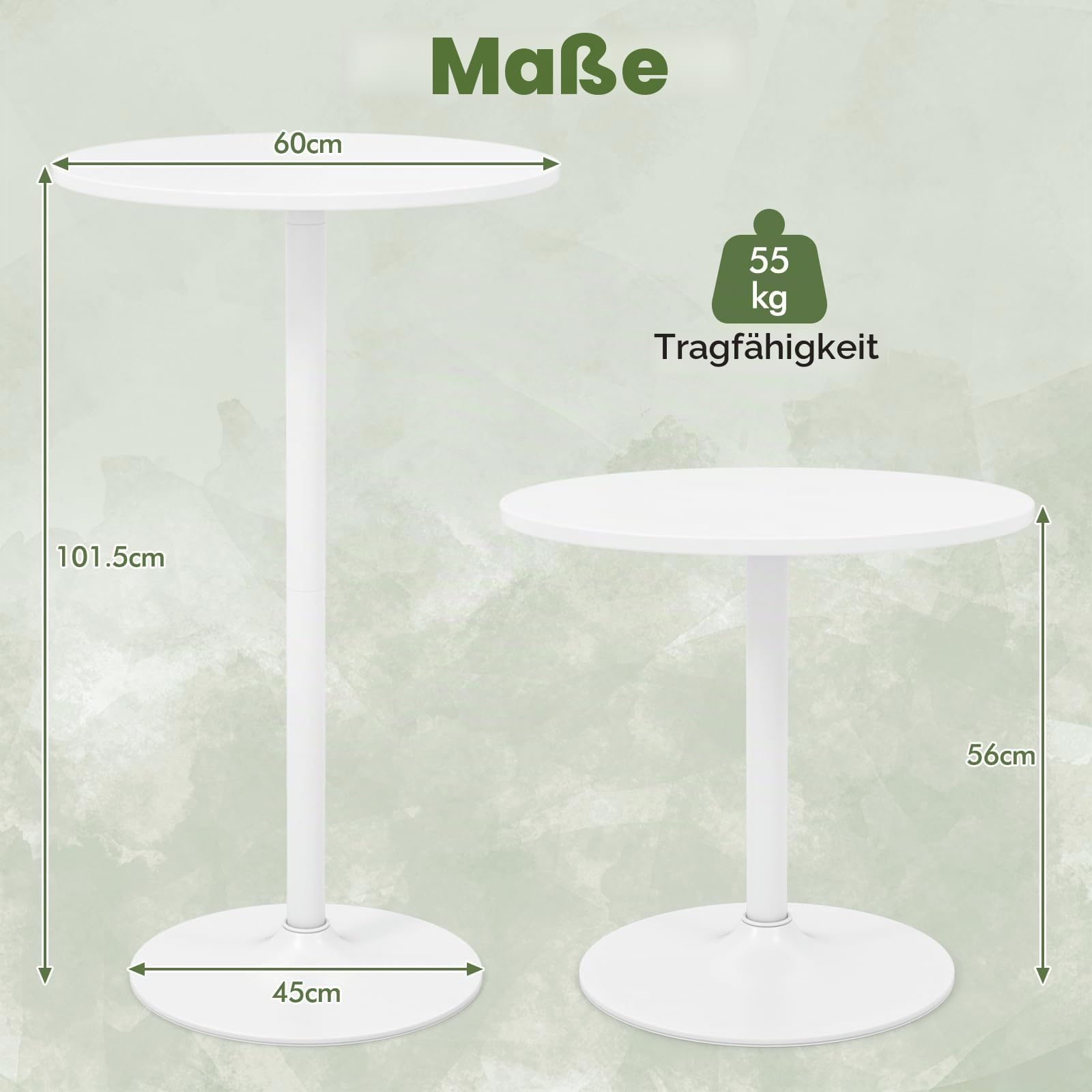 LIFEZEAL Runder Bartisch, 56-101,5 cm Höhenverstellbarer Cocktailtisch, Stehtisch Bistrotisch mit Stahlrahmen, Modern Empfangstisch Partytisch für Küche, Wohnung, Pub, Club (1, Weiß)