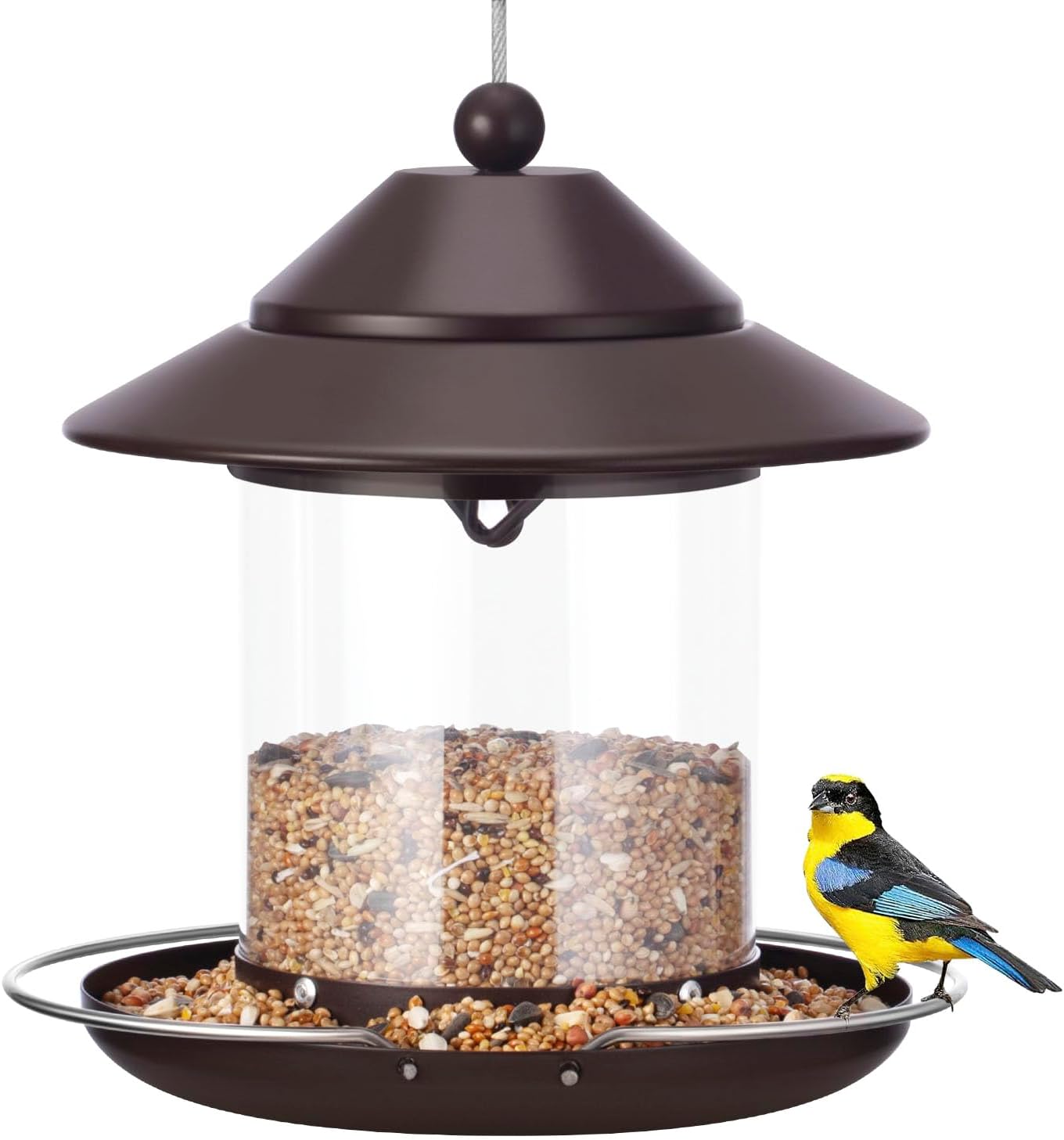 Bird Feeders for Outdoors, Hanging Metal Roof Bird Feeder with Clear Tube Seed Capacity for Viewing Cardinal Finch, Wild Birdfeeders for Outside Garden Yard Decoration