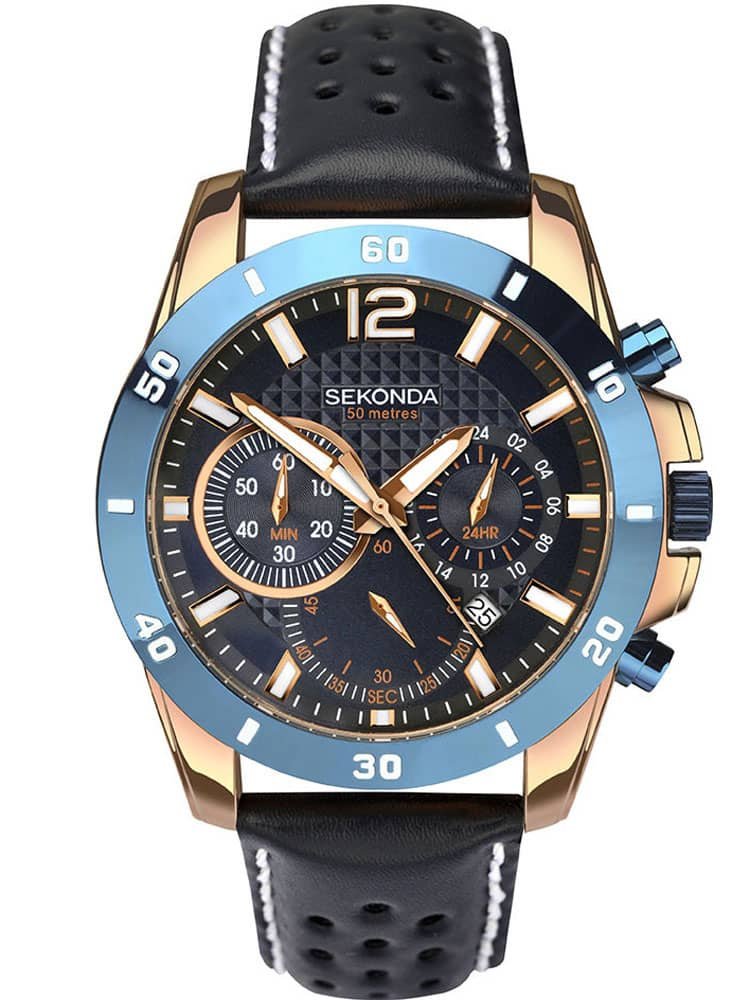 Sekonda Men's Rose Gold 44mm Chronograph Quartz Watch with Blue Textured Dial and Date Display Genuine Leather Strap 50m Water