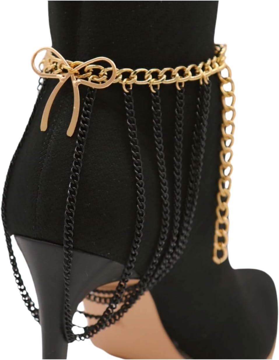TrendyFashionJewelry Women 2PCS Western Fashion Boot Bracelet Black Metal Chain High Heel Gold Bow Tie Ribbon Charm Jewelry Handmade In USA BC198