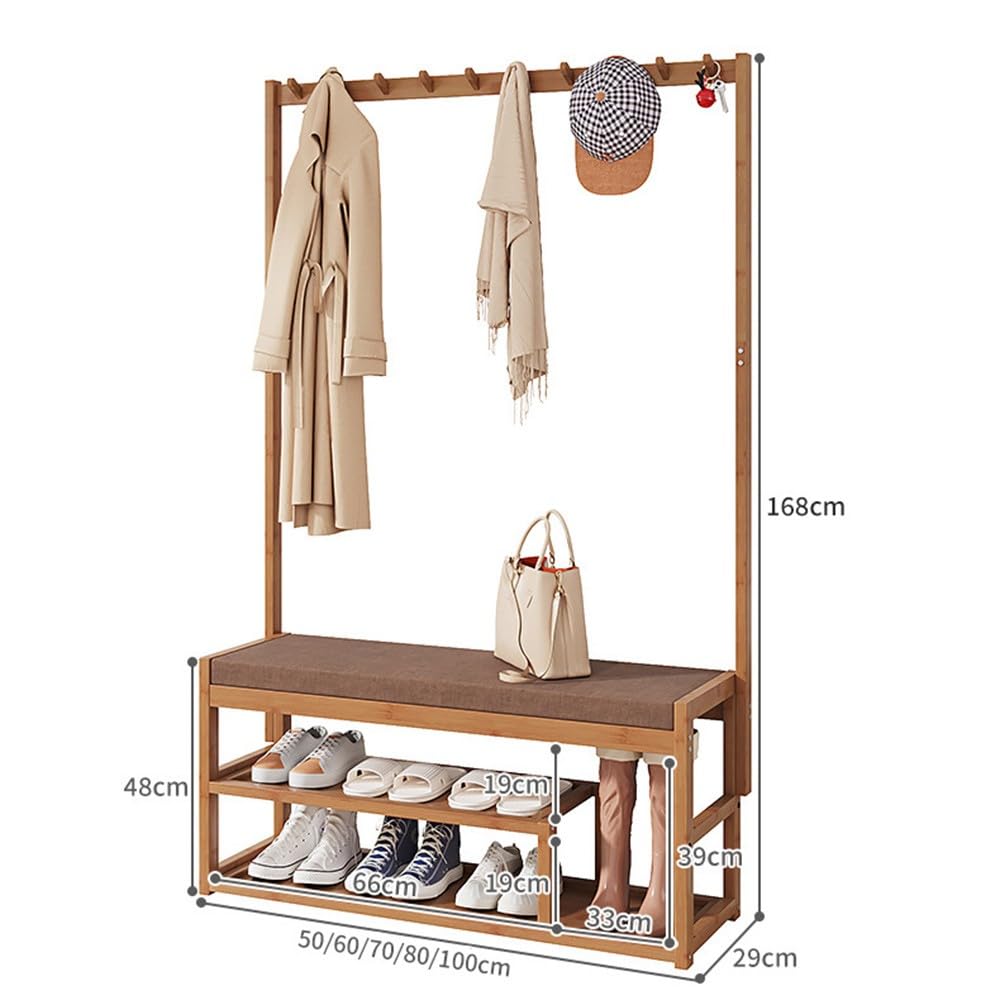 ISCBAFYX Przemysłowy wieszak na ubrania – 100 x 29 x 168 cm Drewniany wieszak z ławką na buty do przedpokoju, przedpokoju Pokój dzienny – stylowe rozwiązanie do przechowywania płaszczy i butów