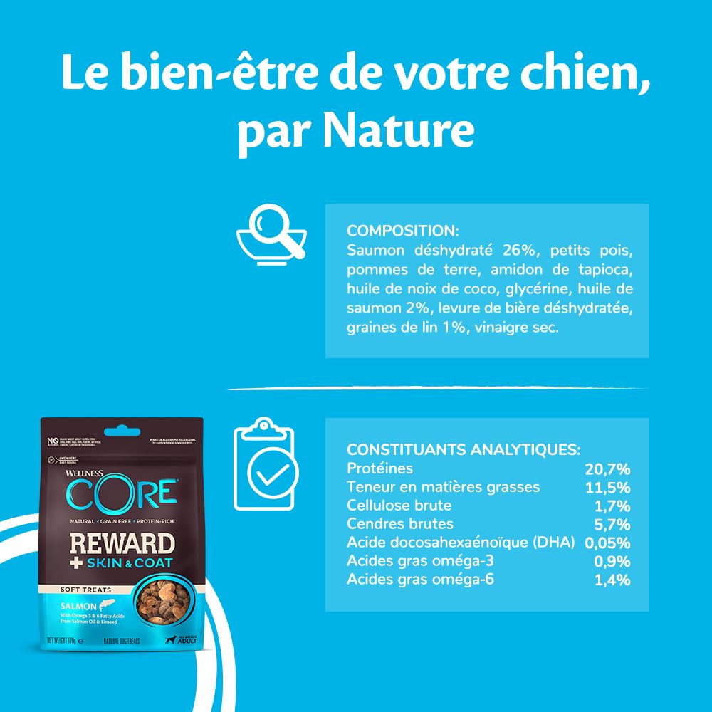 Wellness CORE Reward+ Peau & Pelage 170g, Saumon – Friandises pour Chiens, sans Céréales, Naturelles, Hypoallergénique, Riche en protéines, À Haute Teneur en Poisson, Peau Saine & Pelage Brillant