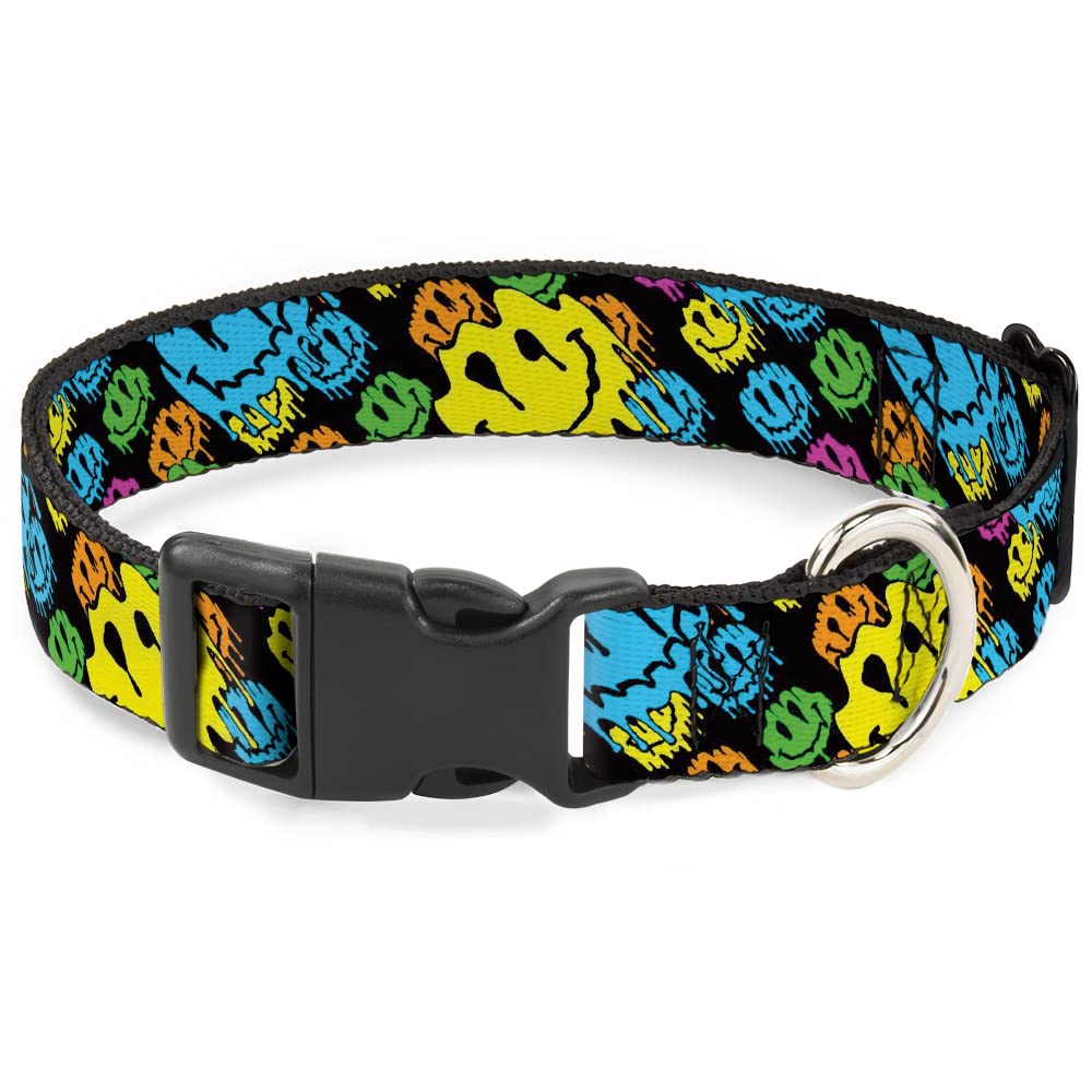 Buckle-Down Pet Collar, Dog Collar Plastic Buckle, Smiley Faces Melted Stacked Black Multi Neon, 15 to 24 Inches 1.0 Inch Wide