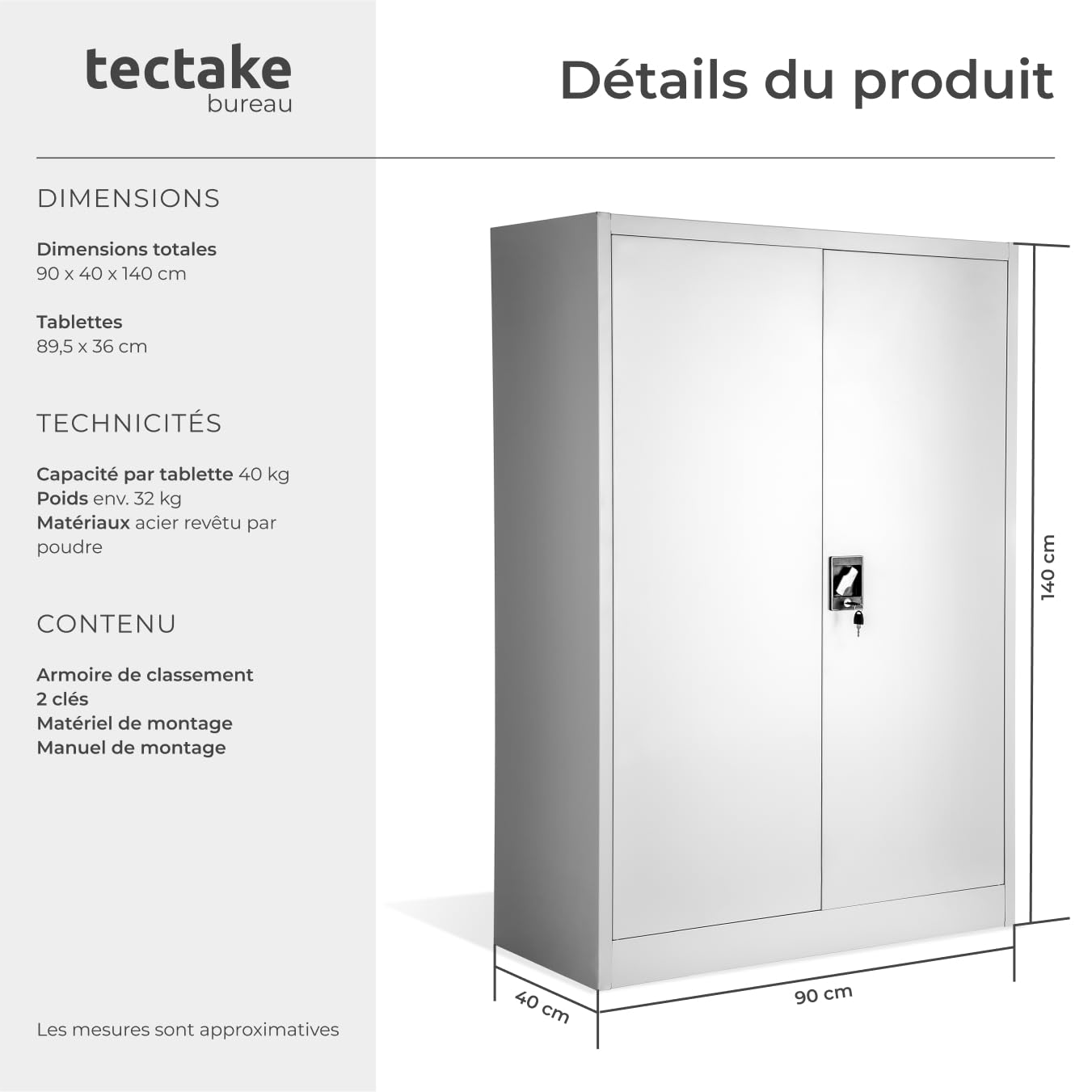 tectake® Armoire de Bureau métallique 140x90x40 cm avec Serrure Rangement Bureau avec 4 Compartiments pour Classeur Rangement Documents Industriel Meuble 2 Portes, 3 Étagères Réglables en Hauteur