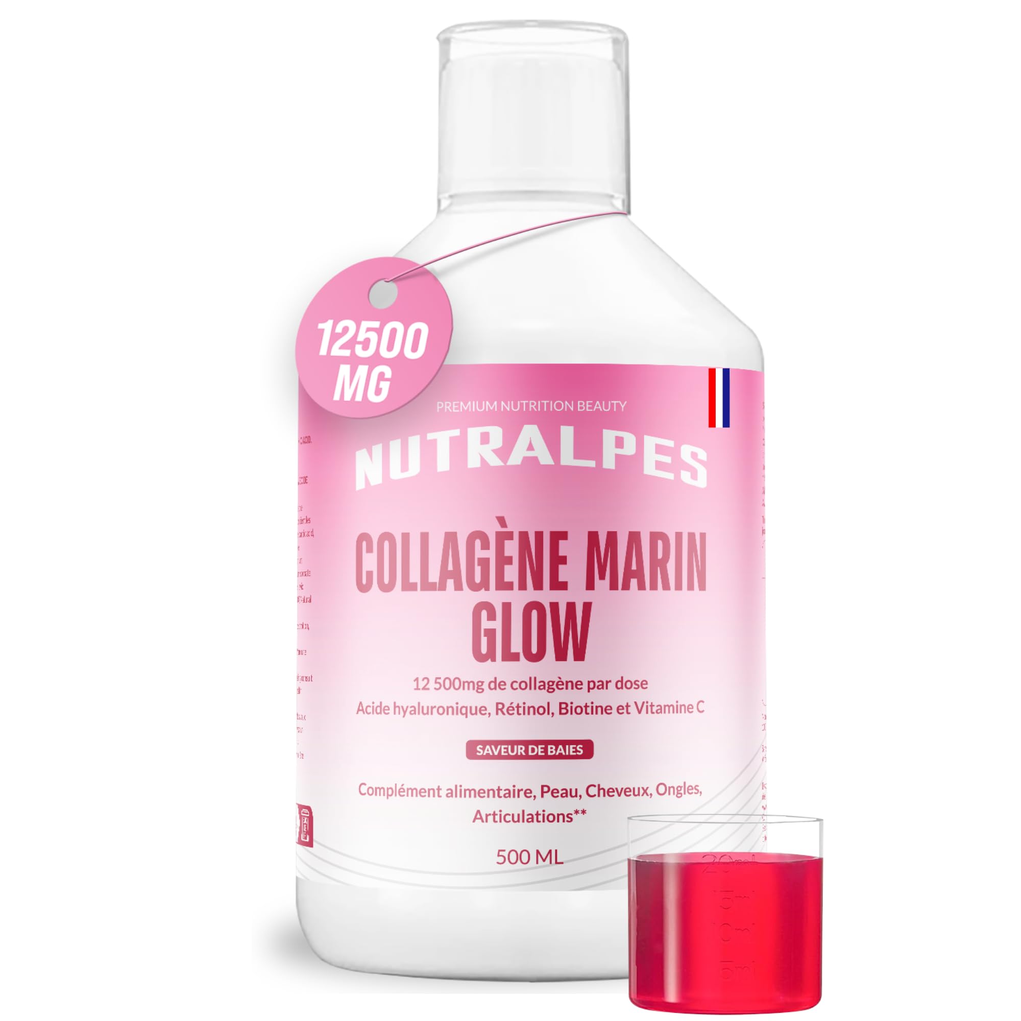 Collagène marin liquide 12500mg | Anti-Âge puissant | Peau Éclat & Hydratée | Acide hyaluronique, rétinol, vitamine C | 500ml | Saveurs baies.