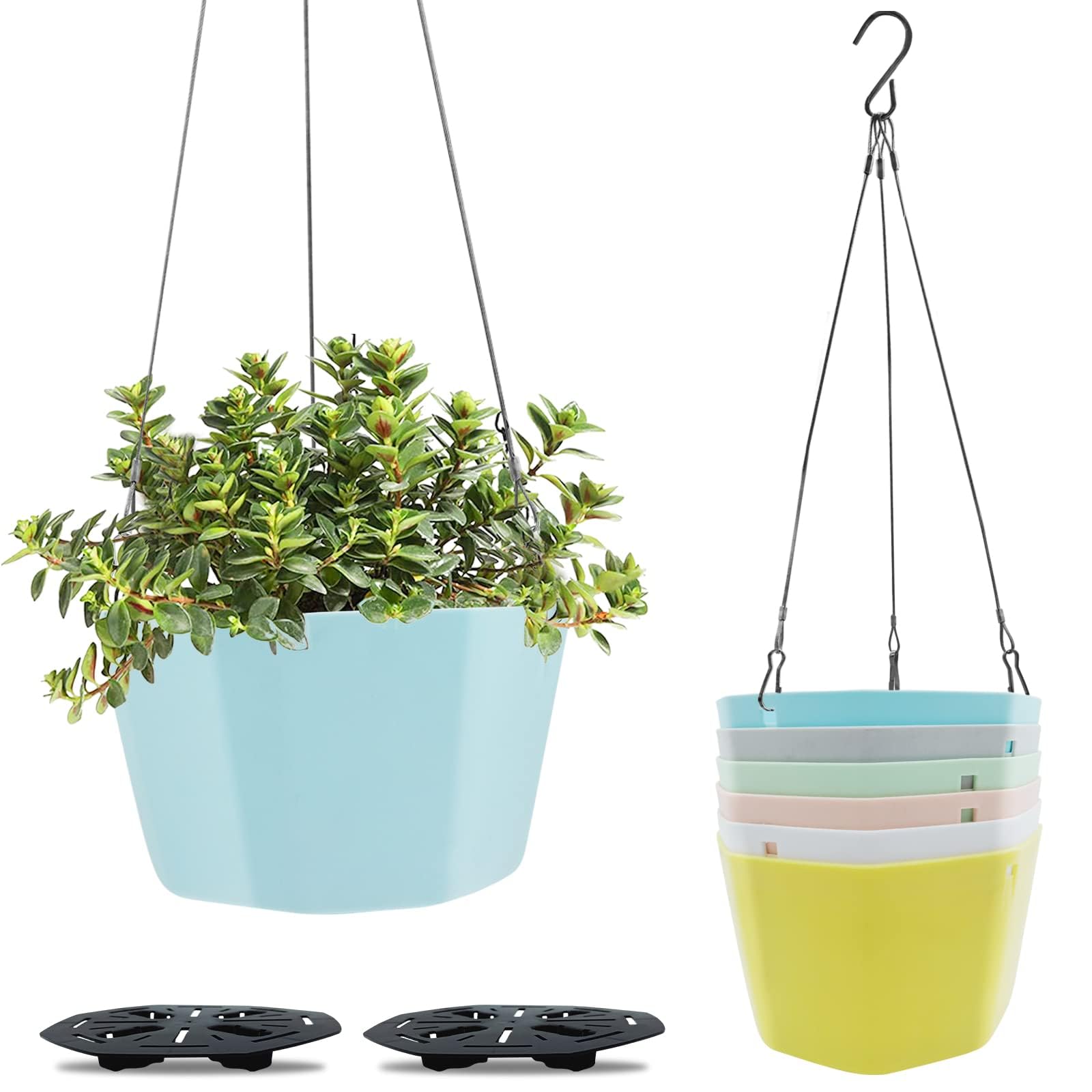 TERRIFI Hanging Planter Pot, 6 Pcs 15cm Plastic Hanging Basket Flower Pot Plant Holder, with 36cm Chain Hooks, for Indoor Outdoor Garden House Porch Decor (6 Colours)
