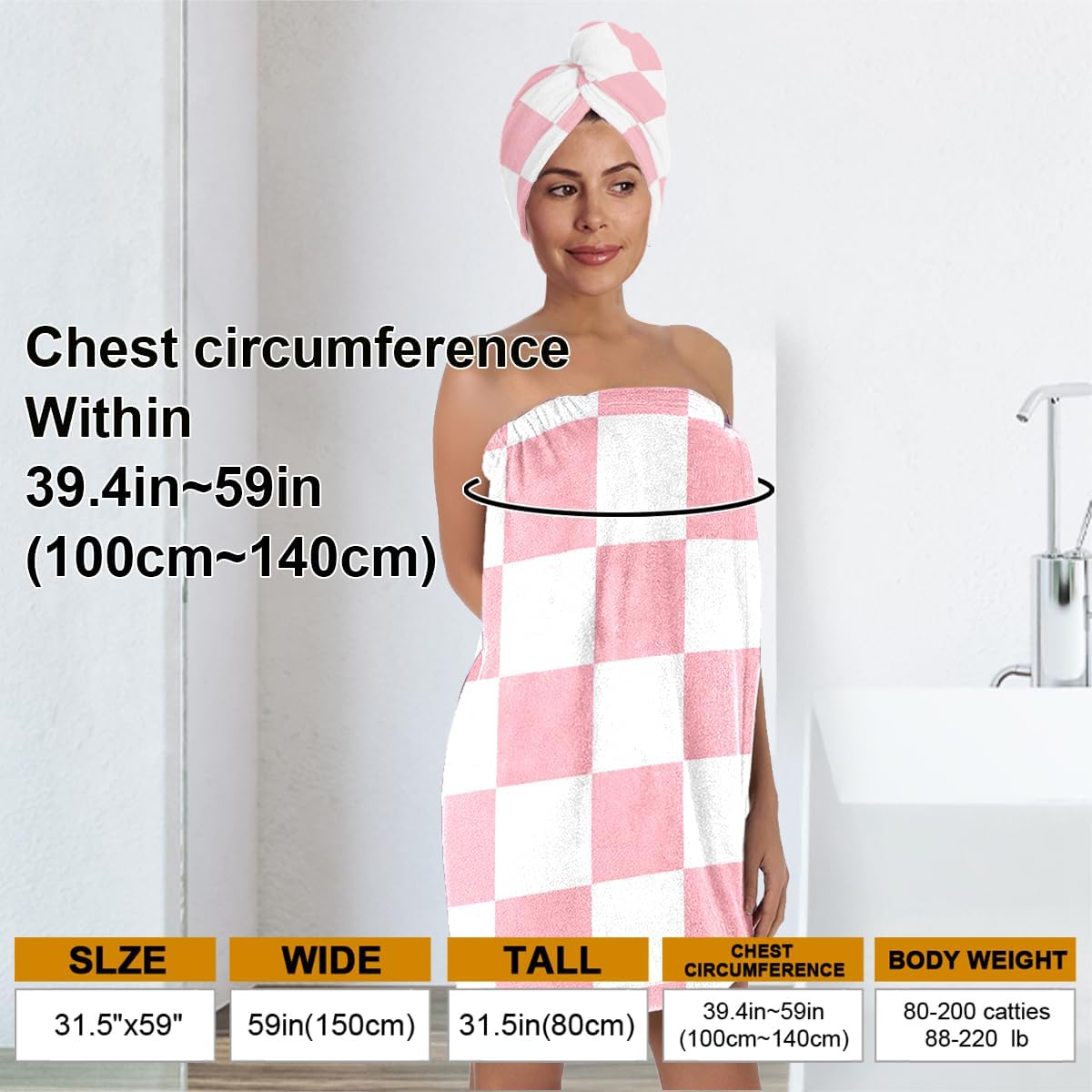 Pink White Checkered Bath Wrap Set with Hair Turban, Pink and White Pattern Spa Towel Wrap, Towel Robe for Women - Image 3