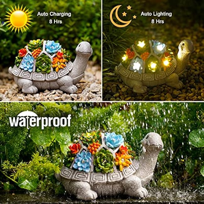 Nacome Solar Garden Outdoor Statues Turtle with Succulent and 7 LED Lights - Lawn Decor Tortoise Statue for Patio, Balcony, Yard Ornament - Unique Housewarming Gifts