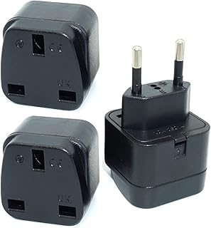 UK to EU/Germany/France (Type C Round pin) Plug Adaptor, 3-pin KSA/UAE/UK Plug Convert to 2-pin EU/Germany/France/Italy/Spain Socket with Safety Shutter (3 Pieces Black)