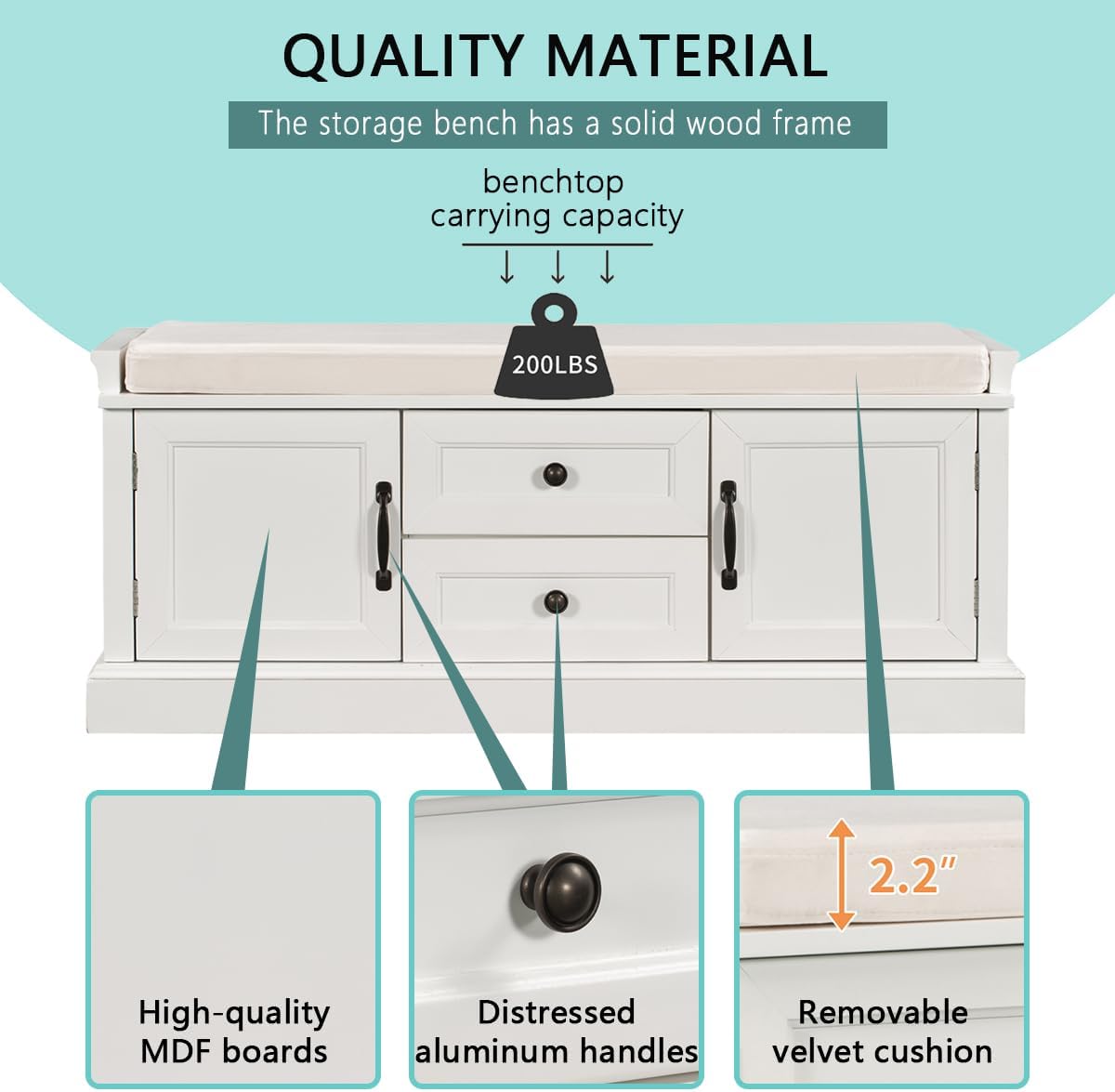 Shoe Storage Bench with Removable Cushion, Doors & Drawers, Padded Seat - Hallway/Entryway Bench (White)