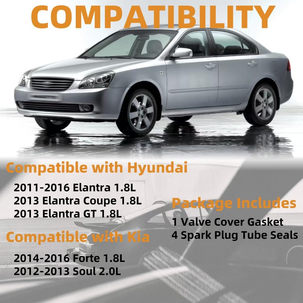 Valve Cover Gasket Set VS50824R Compatible with Hyundai Elantra 1.8L/2.0L Nu Engine, Replacement for Kia Soul Forte 2.0L, 2011-2016, OE 22441-2E000, Molded Rubber | Compatible with Hyundai/Kia 1.8L & 2.0L Nu engines
