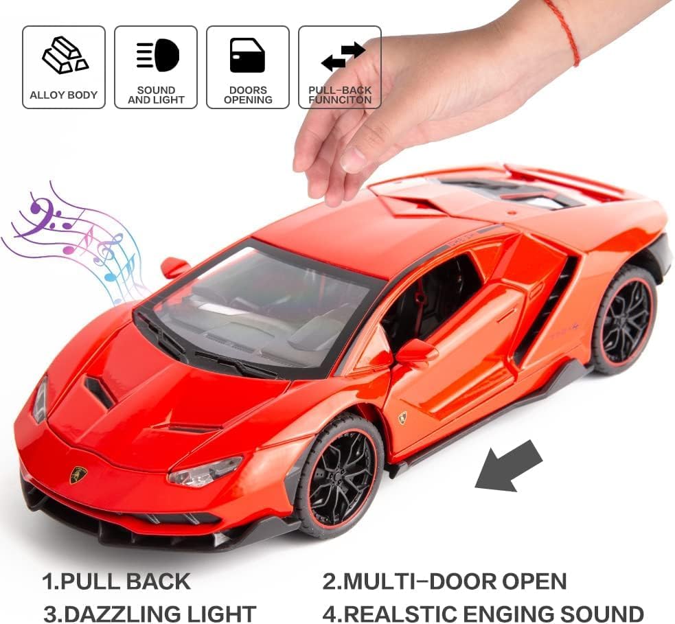 Image of Model Car Compatible for 1 /24 Scale Lamborghini LP770 Alloy Diecast Model Vehicles Pull Back Toy Car with Light and Sound for Kids Boys Gift(RED)