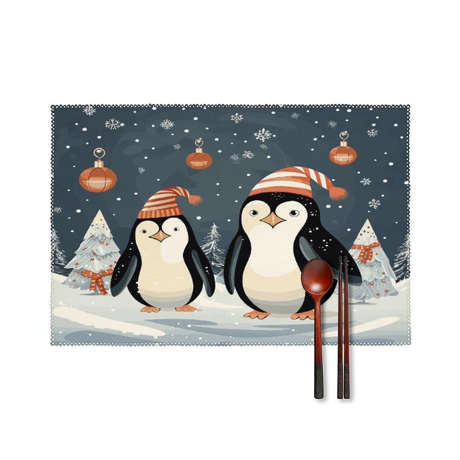 Merry Christmas Penguins Placemats Set of 4 Canvas Place Mats Non-Slip Heat Resistant Table Mats Washable Waterproof Placemat Wipeable Tablemats for Kitchen Dining Decor Place Mat