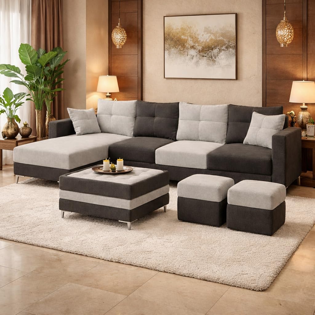 ADELE Dual Tone Plush Velvet 8 Seater LHS L Shape Lounger Sofa Set | Silken Velvet Suede Upholstery | Silver Metal Legs | Luxury Sectional Sofa for Large Living Rooms (Dark Grey & Light Grey)-image-33