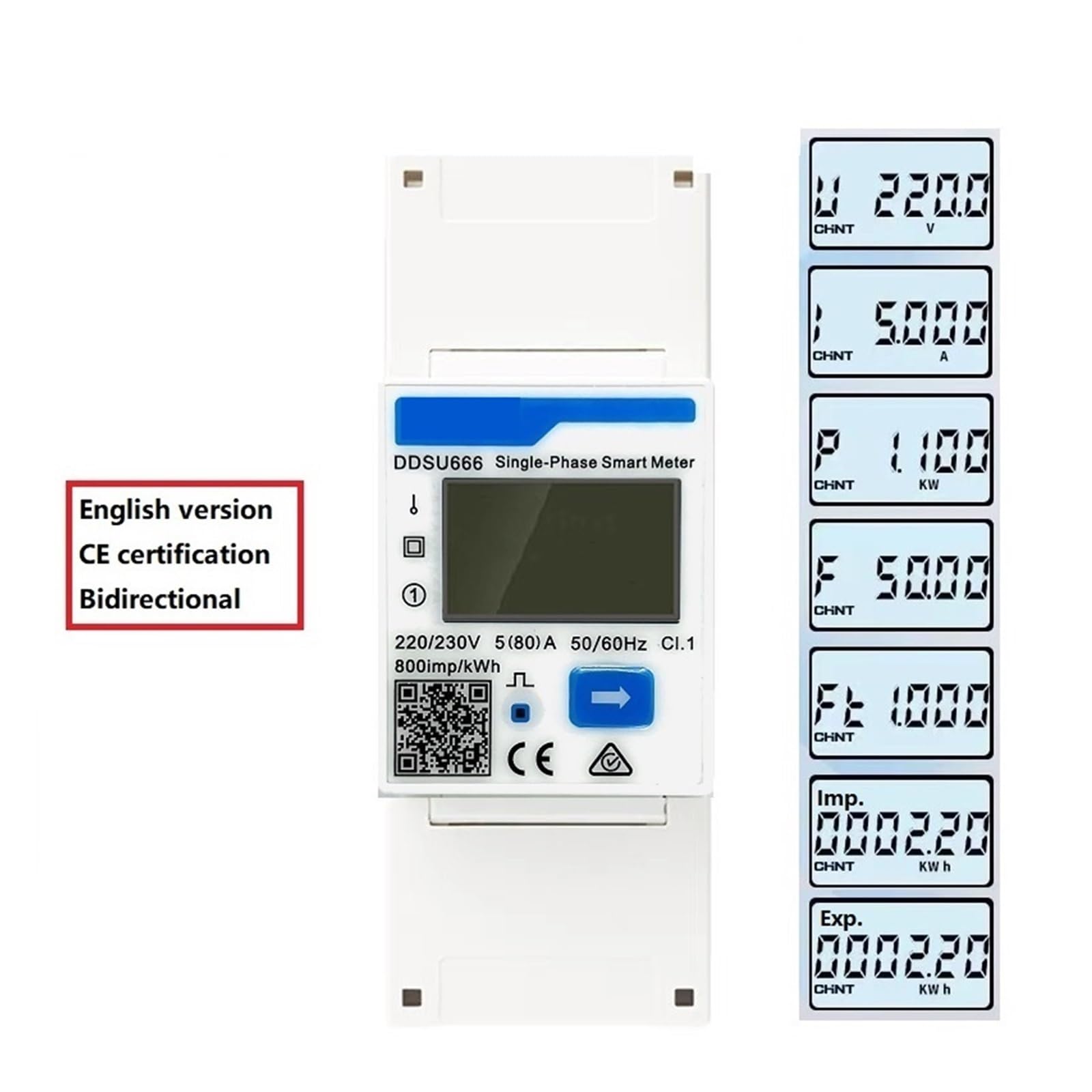 DDSU666 DTSU666 80A Single Three Phase MODBUS RS485 Bi-directional Smart Energy Power KWH Electric Solar Meter Wattmeter(DTSU666-CT 100-5A)